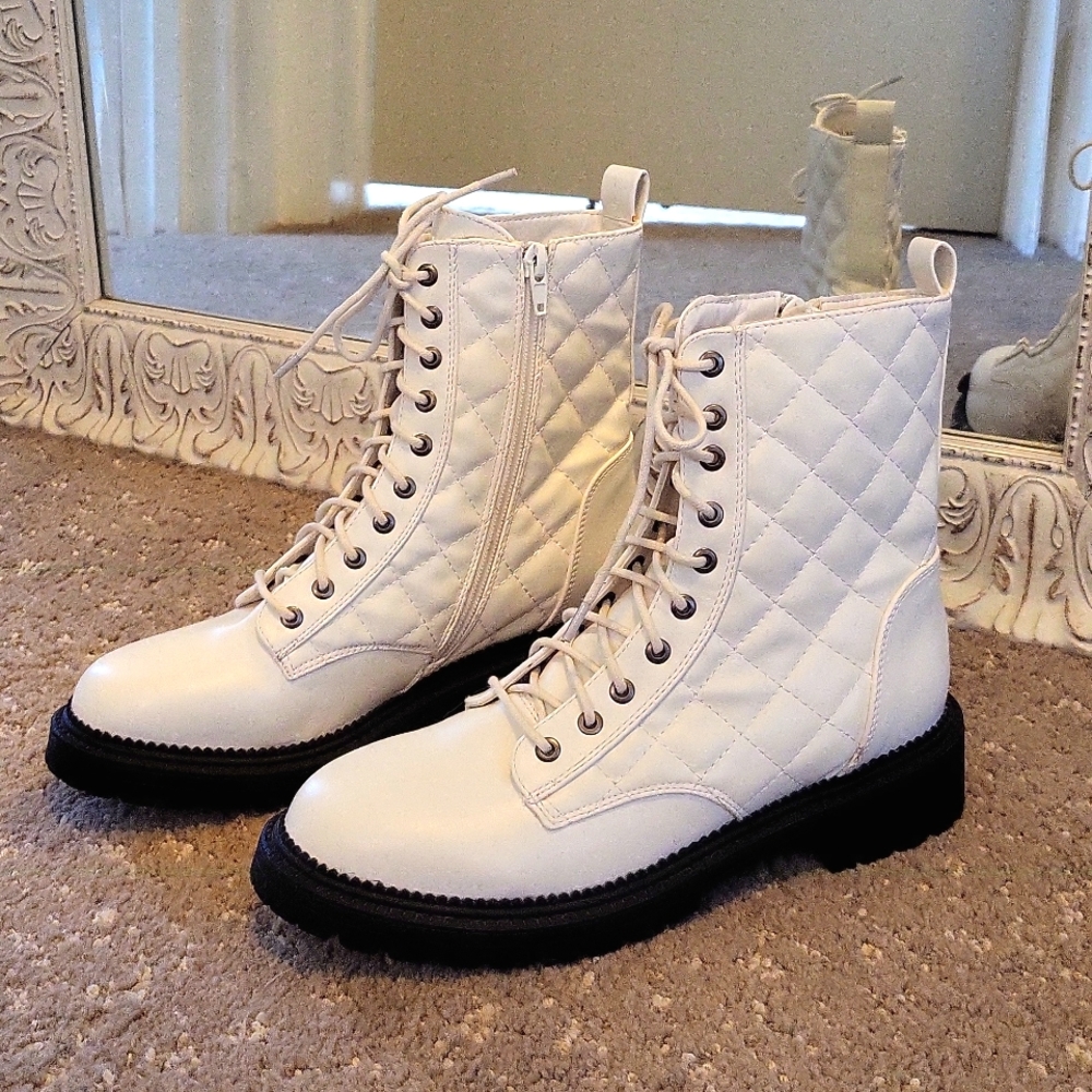 Rock & Candy White Combat Quilted Moto Boots